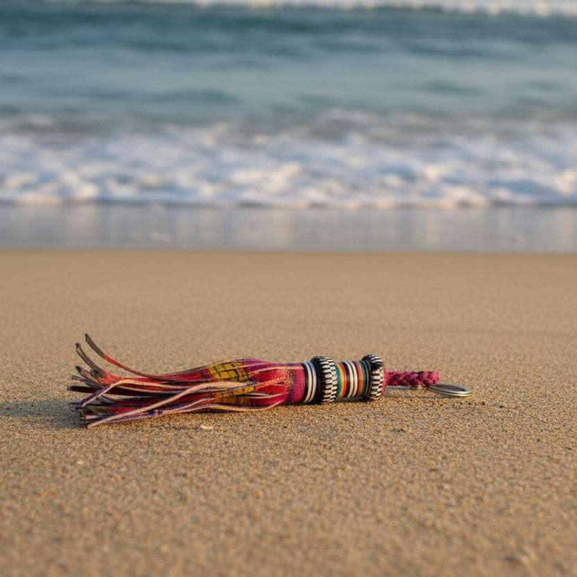 kleurige leren sleutelhanger met franjes op zandstrand