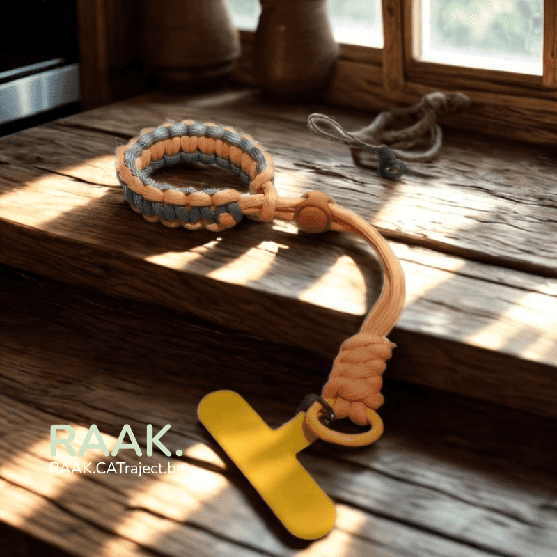 Verstelbare pols lanyard met geel koord en houten details voor telefoon en sleutels