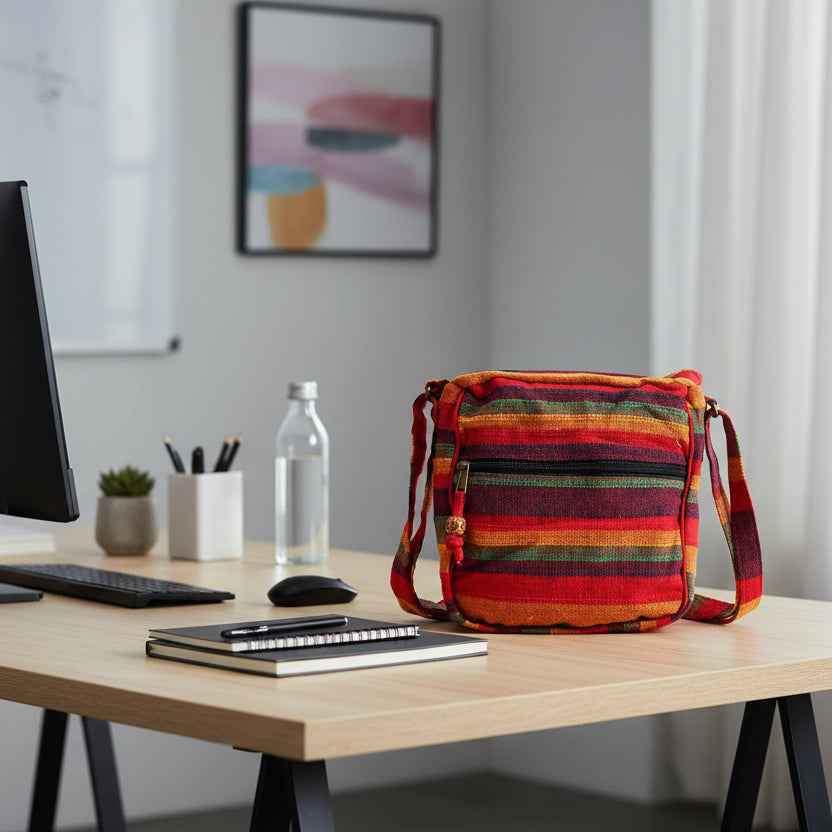 Kleurrijke katoenen schoudertas DHARA op kantoor met moderne inrichting